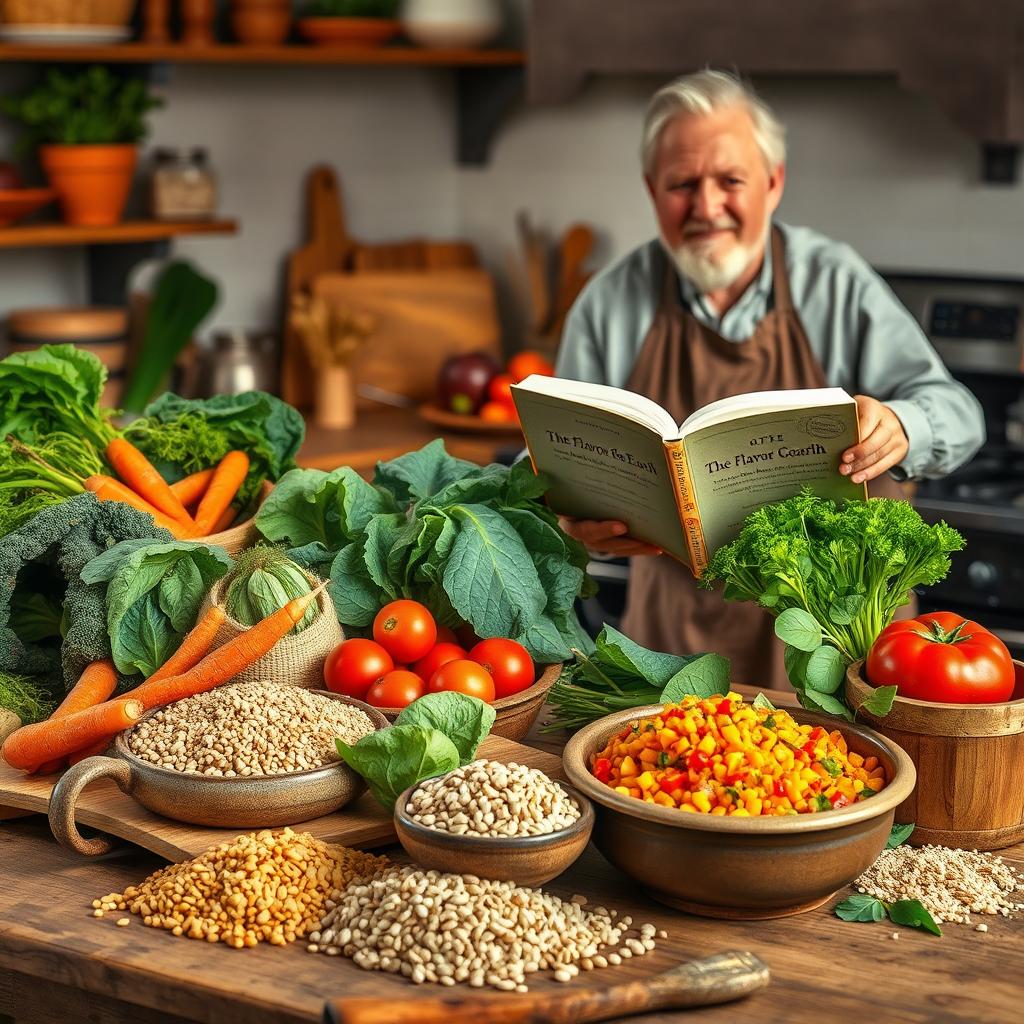 A rustic and inviting kitchen scene featuring an assortment of fresh vegetables and grains, displaying their rich colors and textures