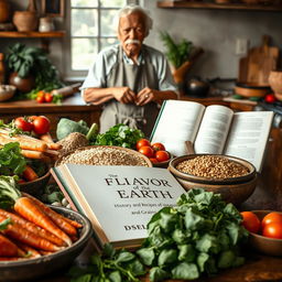 A rustic and inviting kitchen scene featuring an assortment of fresh vegetables and grains, displaying their rich colors and textures