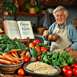 A rustic and inviting kitchen scene featuring an assortment of fresh vegetables and grains, displaying their rich colors and textures