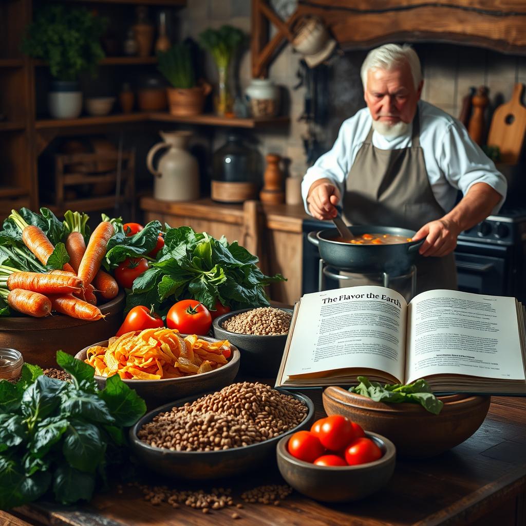 A rustic and inviting kitchen scene featuring an assortment of fresh vegetables and grains, displaying their rich colors and textures