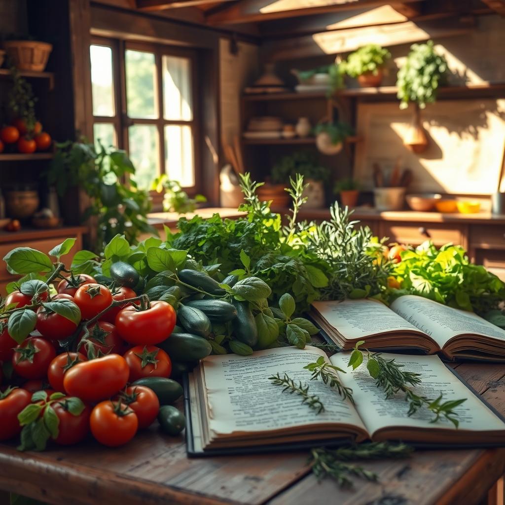 A bountiful garden filled with various fresh vegetables, including tomatoes, cucumbers, and lettuce, surrounded by an array of herbs like basil and rosemary