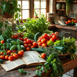 A bountiful garden filled with various fresh vegetables, including tomatoes, cucumbers, and lettuce, surrounded by an array of herbs like basil and rosemary