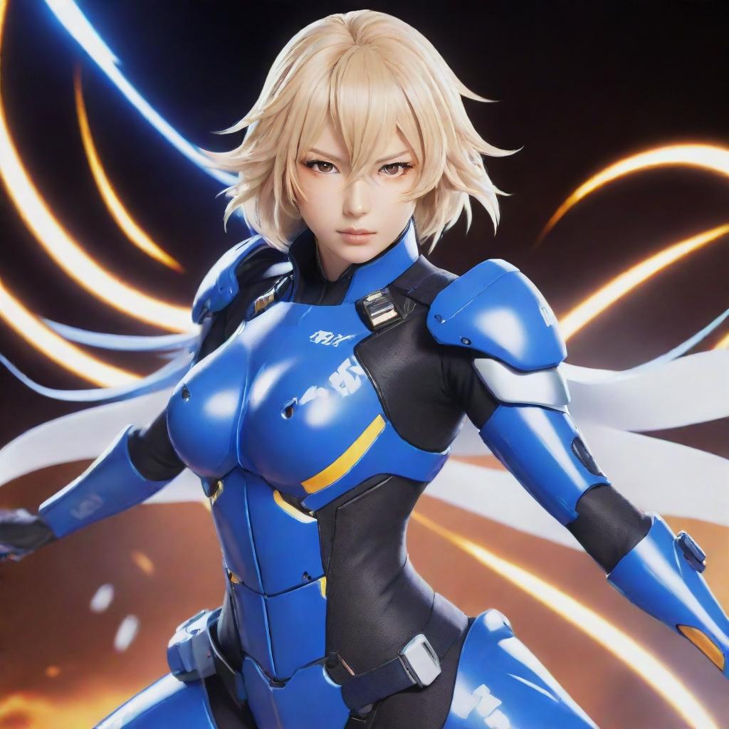 Raiden Mei, a character from Honkai Impact, illustrated in her signature battle suit with energetic, electrifying aesthetic.