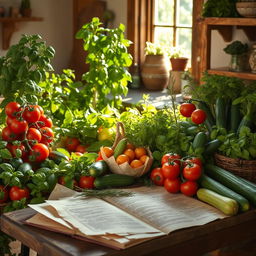 A bountiful garden filled with various fresh vegetables, including tomatoes, cucumbers, and lettuce, surrounded by an array of herbs like basil and rosemary