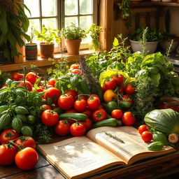 A bountiful garden filled with various fresh vegetables, including tomatoes, cucumbers, and lettuce, surrounded by an array of herbs like basil and rosemary