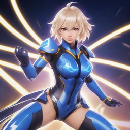 Raiden Mei, a character from Honkai Impact, illustrated in her signature battle suit with energetic, electrifying aesthetic.