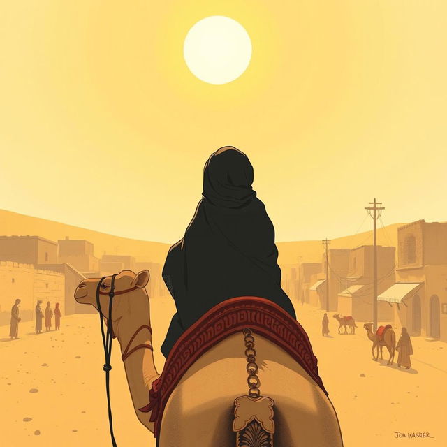 Under the blazing sun, in a desert town, a black-haired adult woman wrapped in a headscarf is riding a camel along the town's street