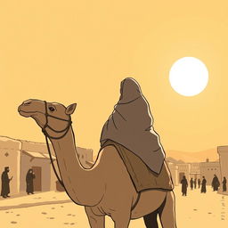 Under the blazing sun, in a desert town, a black-haired adult woman wrapped in a headscarf is riding a camel along the town's street