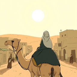 Under the blazing sun, in a desert town, a black-haired adult woman wrapped in a headscarf is riding a camel along the town's street