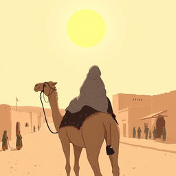 Under the blazing sun, in a desert town, a black-haired adult woman wrapped in a headscarf is riding a camel along the town's street