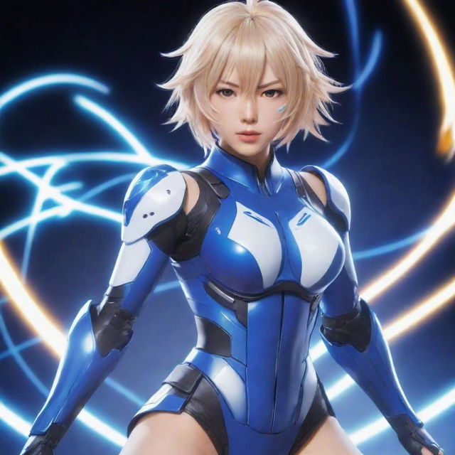 Raiden Mei, a character from Honkai Impact, illustrated in her signature battle suit with energetic, electrifying aesthetic.