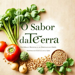 A modern book cover for 'O Sabor da Terra: Histórias e Receitas de Hortaliças e Grãos'