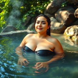 A beautiful 30-year-old woman with a voluptuous figure soaking in a natural hot spring