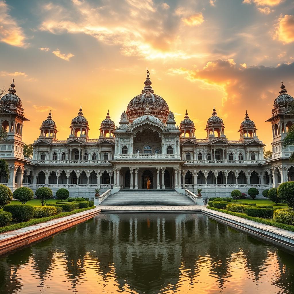 a magnificent architectural marvel known as Vagani, an opulent and grandiose building, with intricate carvings, elegant domes, and majestic pillars, all set against a stunning sunset backdrop