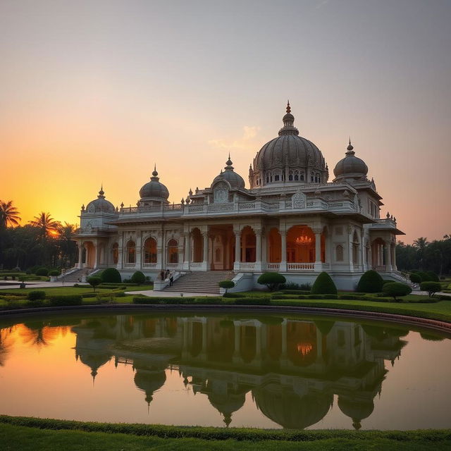 a magnificent architectural marvel known as Vagani, an opulent and grandiose building, with intricate carvings, elegant domes, and majestic pillars, all set against a stunning sunset backdrop