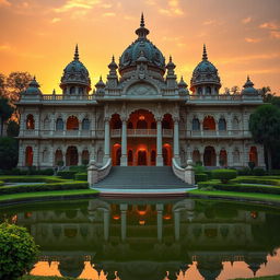 a magnificent architectural marvel known as Vagani, an opulent and grandiose building, with intricate carvings, elegant domes, and majestic pillars, all set against a stunning sunset backdrop