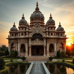 a magnificent architectural marvel known as Vagani, an opulent and grandiose building, with intricate carvings, elegant domes, and majestic pillars, all set against a stunning sunset backdrop