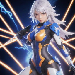 Raiden Mei, a character from Honkai Impact, illustrated in her signature battle suit with energetic, electrifying aesthetic.