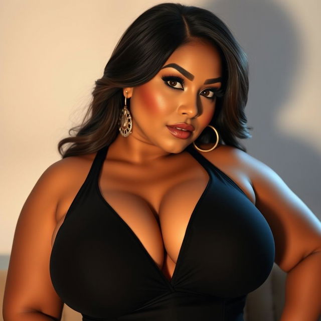 A voluptuous woman with large breasts, posing confidently