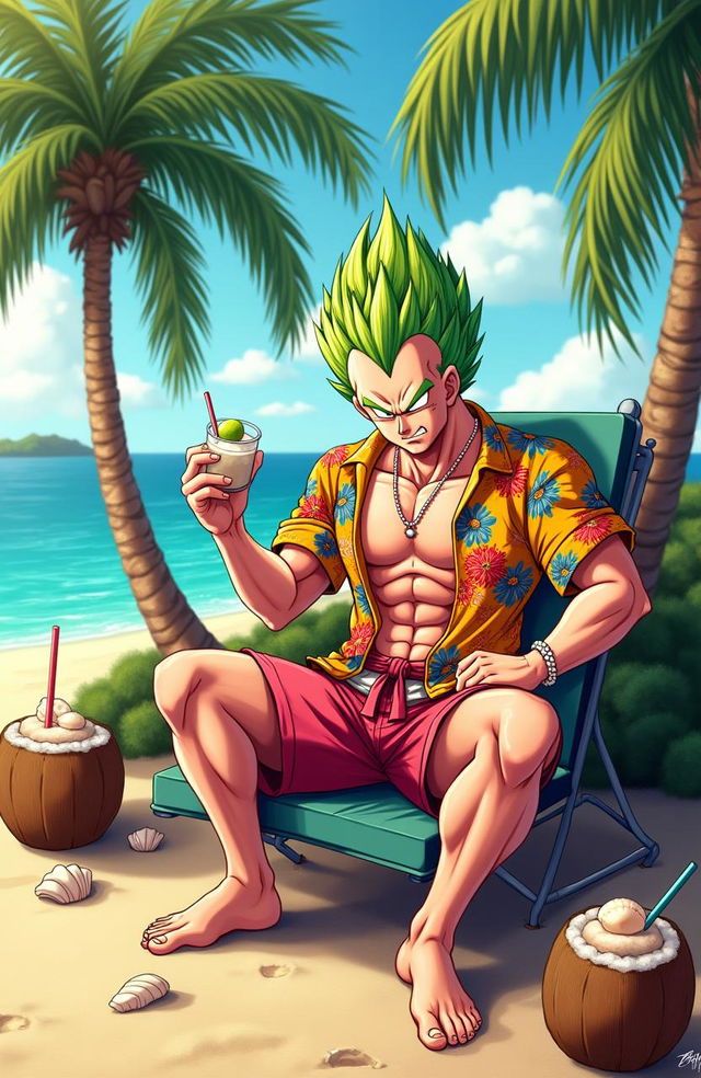 Vegeta from Dragon Ball in vibrant tropical attire, relaxing on a beach holiday, wearing a floral Hawaiian shirt and Bermuda shorts, surrounded by palm trees and a picturesque ocean view