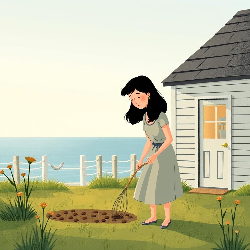 In the morning, a middle-aged woman with black hair is wearing a dress and spreading seeds in the yard of a seaside house