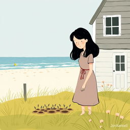 In the morning, a middle-aged woman with black hair is wearing a dress and spreading seeds in the yard of a seaside house