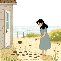 In the morning, a middle-aged woman with black hair is wearing a dress and spreading seeds in the yard of a seaside house