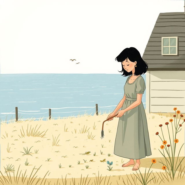 In the morning, a middle-aged woman with black hair is wearing a dress and spreading seeds in the yard of a seaside house