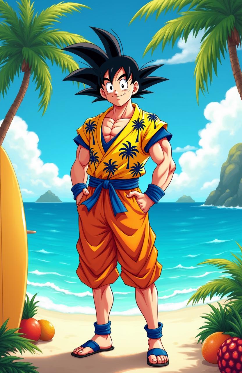 Goku from Dragon Ball, in vibrant tropical attire, enjoying a beach holiday, wearing a bright Hawaiian shirt with palm tree patterns and casual beach shorts, surrounded by lush palm trees and a sparkling ocean