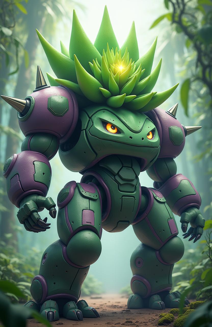 A futuristic mecha inspired by the Pokémon Venusaur, blending organic and mechanical elements to create a powerful, plant-based robot