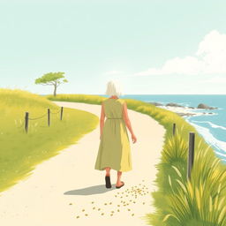 In the summer, an elderly woman with white hair wearing a dress is walking along the road to the seaside, spreading seeds by the roadside