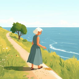 In the summer, an elderly woman with white hair wearing a dress is walking along the road to the seaside, spreading seeds by the roadside