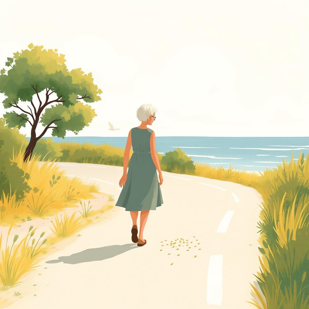 In the summer, an elderly woman with white hair wearing a dress is walking along the road to the seaside, spreading seeds by the roadside