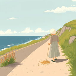 In the summer, an elderly woman with white hair wearing a dress is walking along the road to the seaside, spreading seeds by the roadside