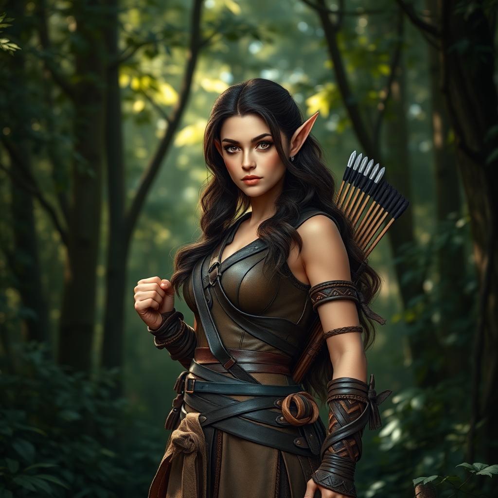 A dark brunette female wood elf ranger standing confidently in a lush forest