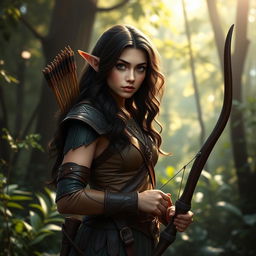 A dark brunette female wood elf ranger standing confidently in a lush forest