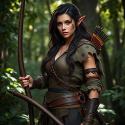 A dark brunette female wood elf ranger standing confidently in a lush forest