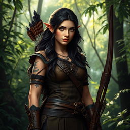 A dark brunette female wood elf ranger standing confidently in a lush forest