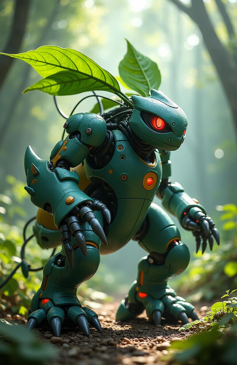 A cinematic shot of a mecha inspired by the Pokémon Venusaur, with a fusion of organic and mechanical elements