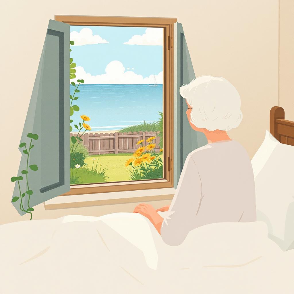 In the summer, an elderly woman with white hair is sitting on a bed by the window, gazing at the flowers in the yard with the sea visible in the distance