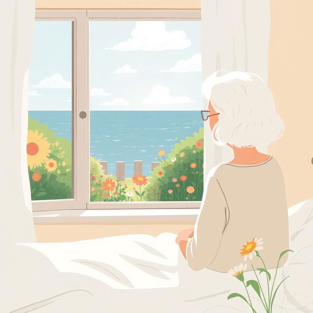 In the summer, an elderly woman with white hair is sitting on a bed by the window, gazing at the flowers in the yard with the sea visible in the distance