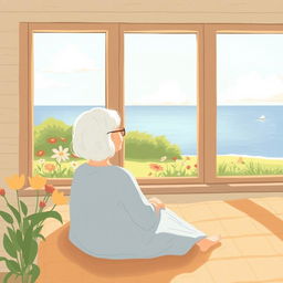 In the summer, an elderly woman with white hair is sitting on a bed by the window, gazing at the flowers in the yard with the sea visible in the distance