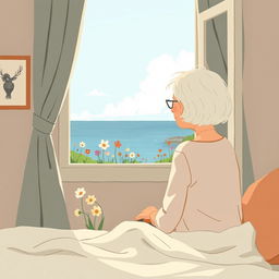 In the summer, an elderly woman with white hair is sitting on a bed by the window, gazing at the flowers in the yard with the sea visible in the distance