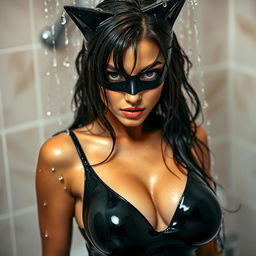 A seductive brunette woman in a sleek, form-fitting Catwoman suit, under a cascading shower