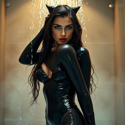 A captivating full-body view of a sexy brunette woman in a sleek, form-fitting Catwoman suit, standing under a cascading shower