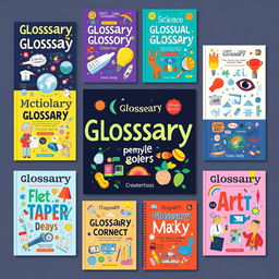 A collection of vibrant and educational glossary cover designs that reflect various subjects, such as science, literature, art, and technology