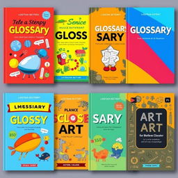 A collection of vibrant and educational glossary cover designs that reflect various subjects, such as science, literature, art, and technology