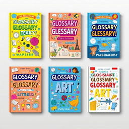 A collection of vibrant and educational glossary cover designs that reflect various subjects, such as science, literature, art, and technology