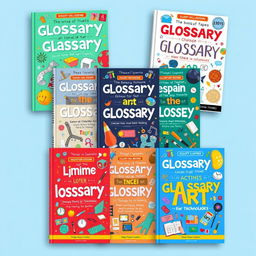 A collection of vibrant and educational glossary cover designs that reflect various subjects, such as science, literature, art, and technology