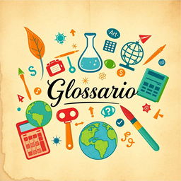 An artistic cover design for a glossary, featuring a collage of various symbols and icons representing different subjects: a quill pen for literature, a flask for science, a globe for geography, a calculator for mathematics, and a paintbrush for art